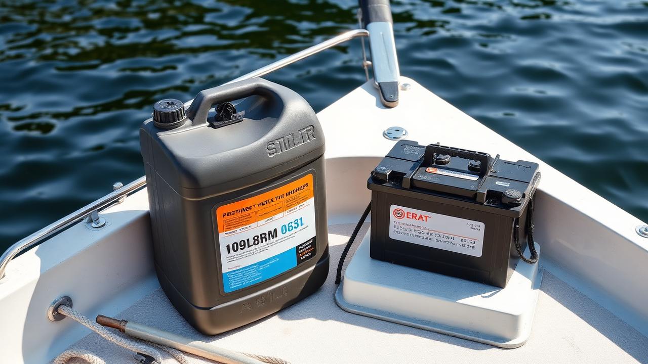 Jerrycan brandstof en bootaccu op het dek van een Nederlandse boot