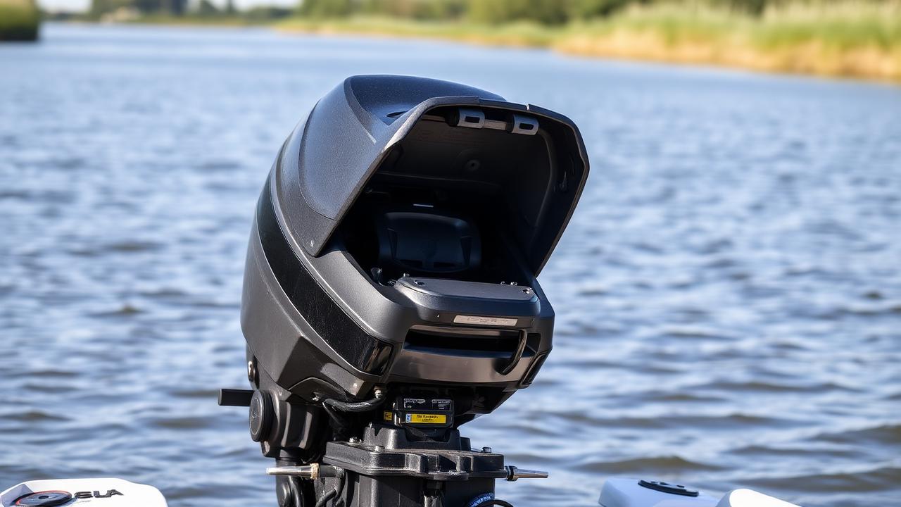 Buitenboordmotor met geopende kap op een Nederlandse binnenwater